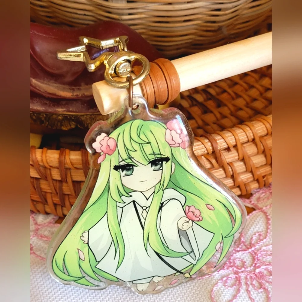 Green Anime Glittered Doubled Sided Holo Keychain with Star Clip